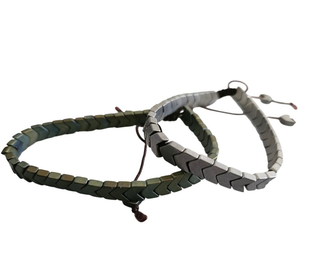 Hematite Bead Bracelets Set of 2 Silver Gold Tone Adjustable
